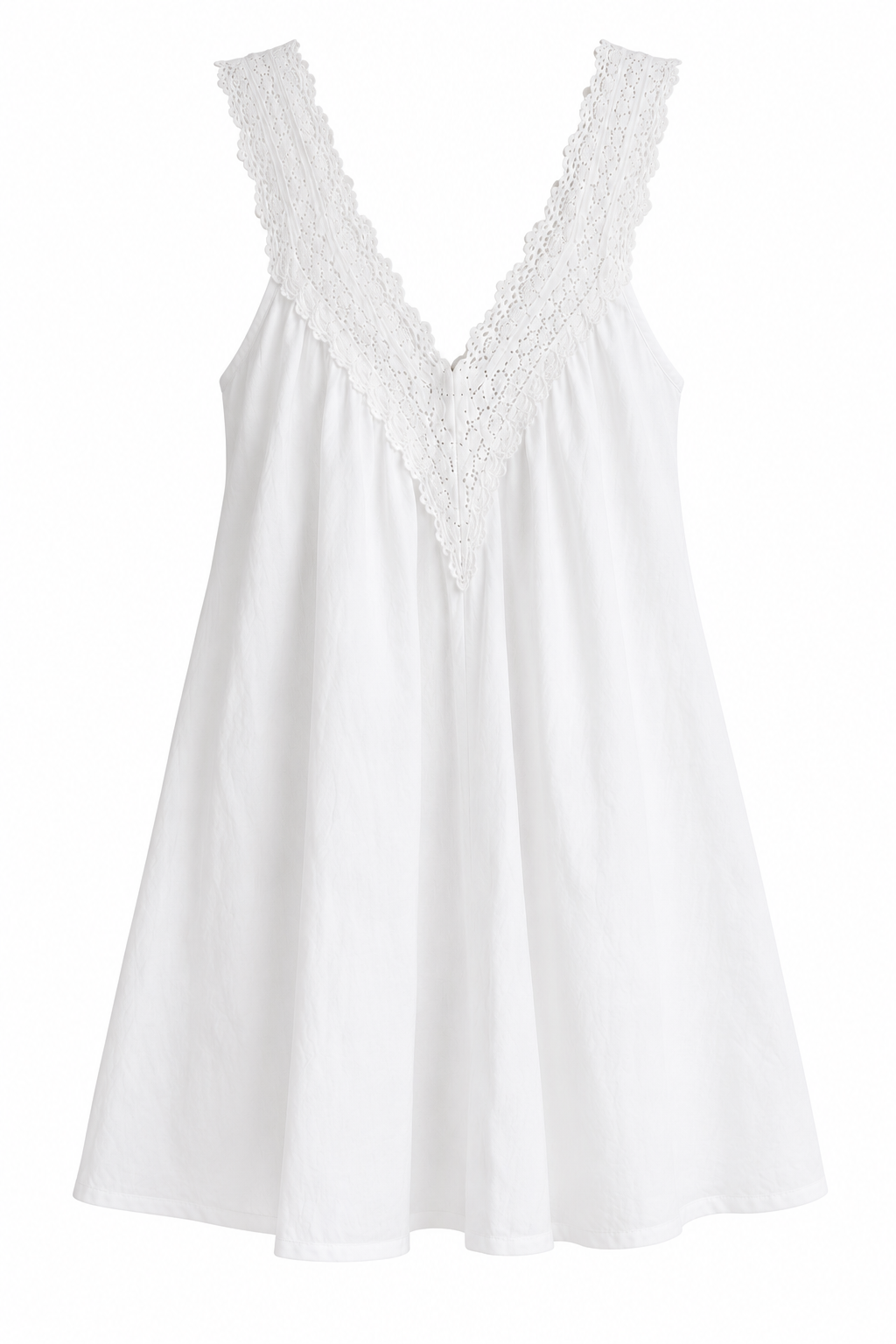 White V neck lace trim cotton mini dress