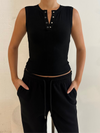 Button Front Ribbed Tank Black