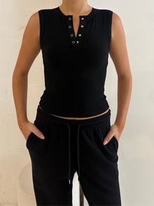  Button Front Ribbed Tank Black