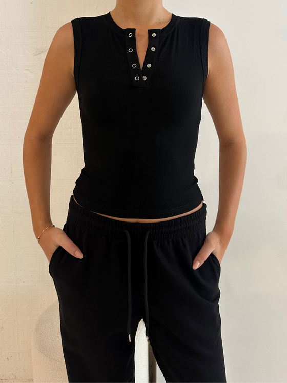 Button Front Ribbed Tank Black