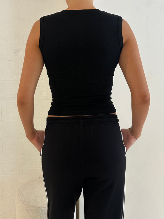 Button Front Ribbed Tank Black