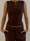 Button Front Ribbed Tank Chocolate