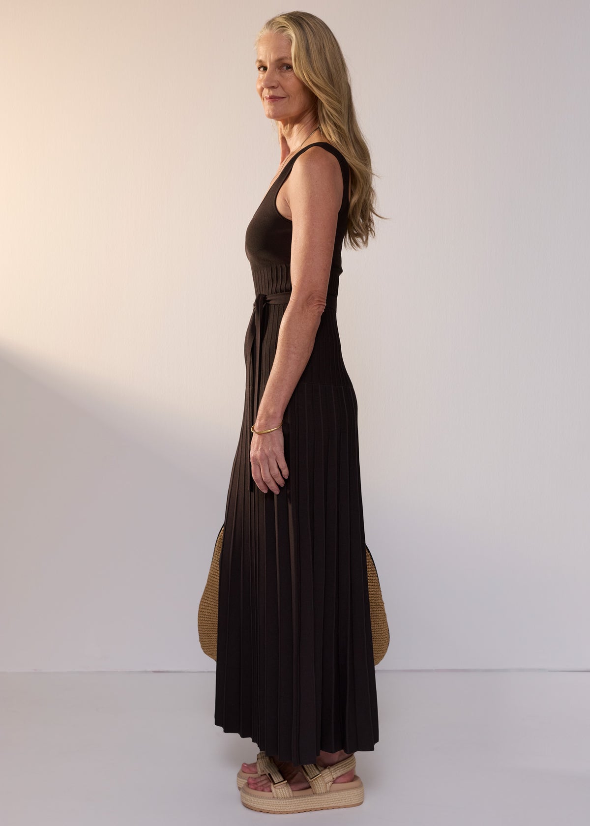 POL Clothing Senne ribbed knit maxi dress in chocolate
