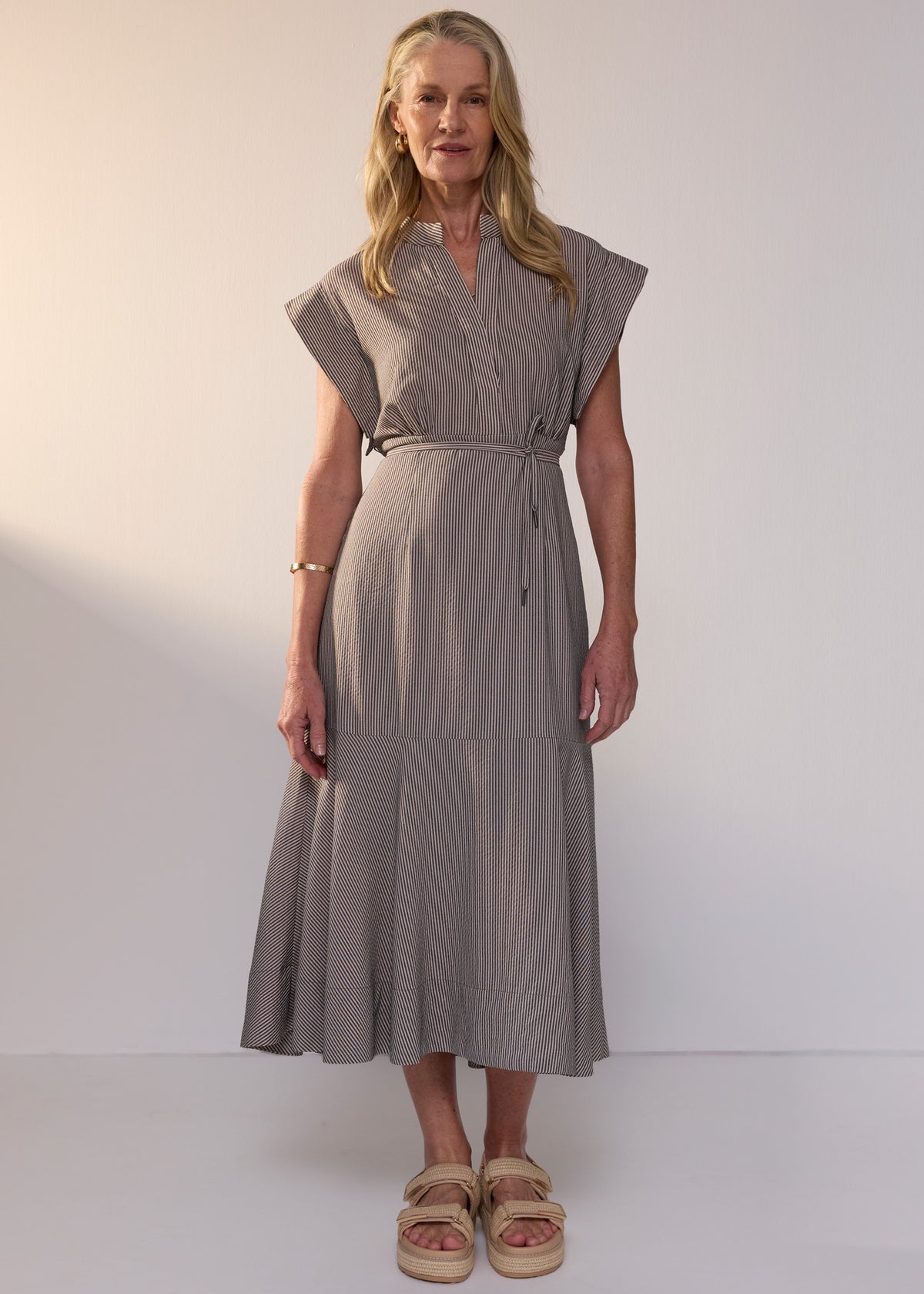POL Clothing Dylan tiered midi dress in shadow stripe