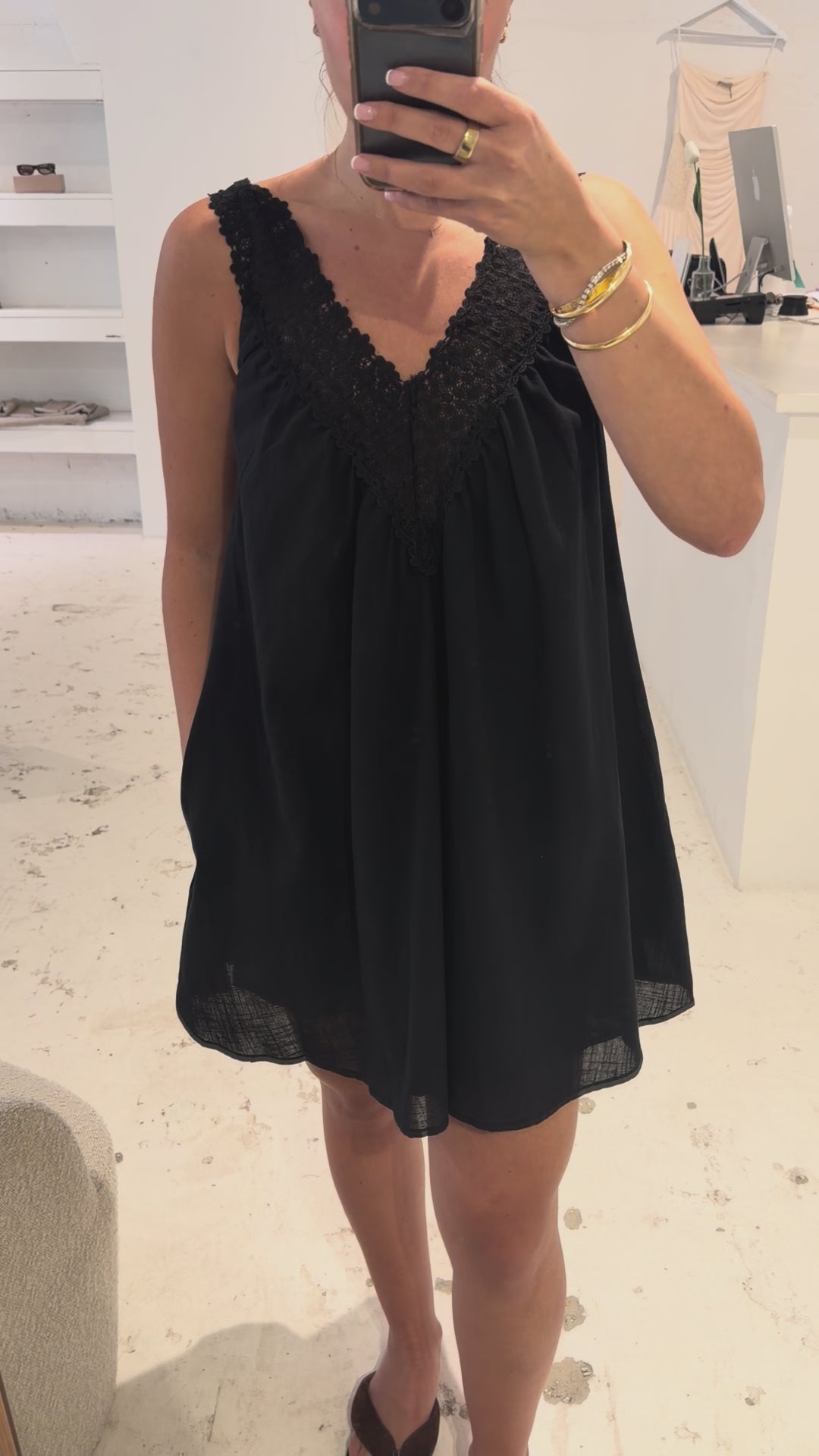 V Neck Lace Trim Mini Dress Black