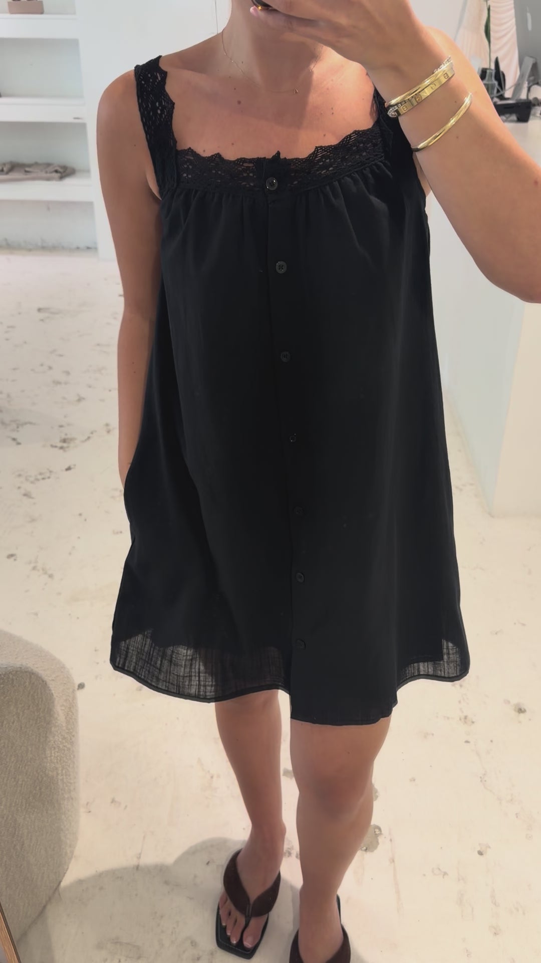 Button Up Lace Mini Dress Black